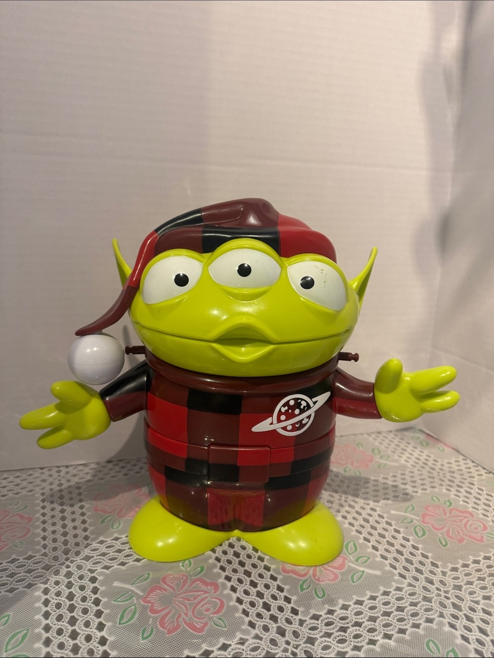 Disney Holiday Toy Story Popcorn Bucket Green Alien in Plaid Pajamas, Santa Hat